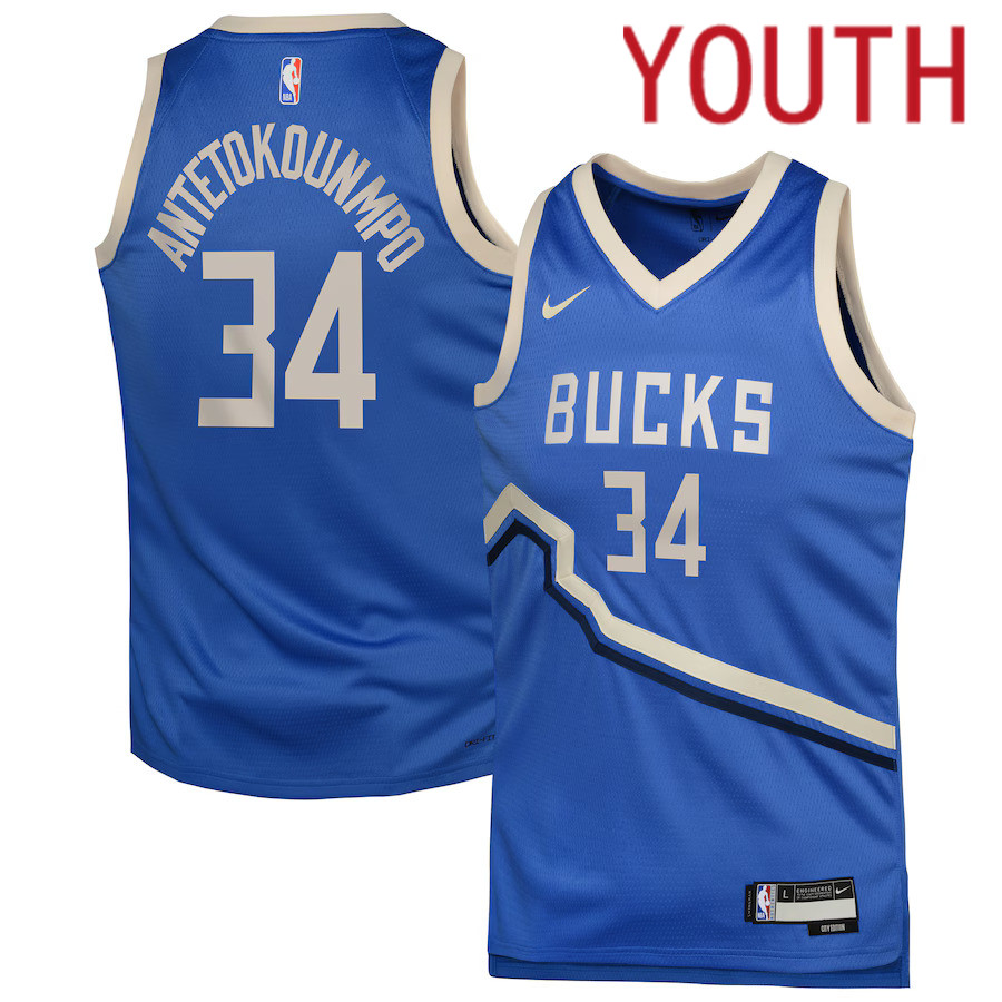 Youth Milwaukee Bucks #34 Giannis Antetokounmpo Nike Royal City Edition 2024-25 Swingman Player NBA Jersey->youth nba jersey->Youth Jersey